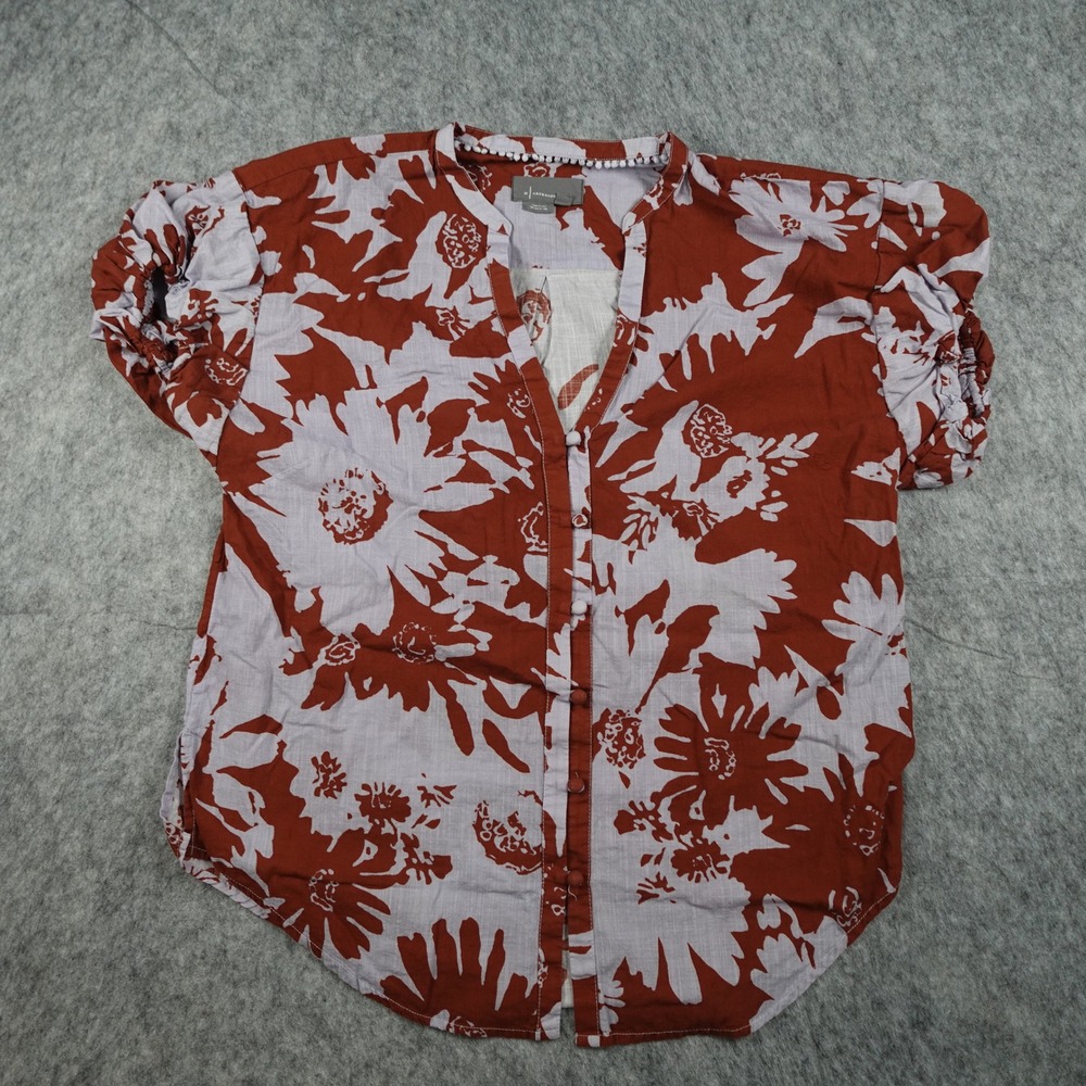 Anthropologie Top Womens Medium Rust Floral Cotton‎ Pom Pom Bubble Sleeve